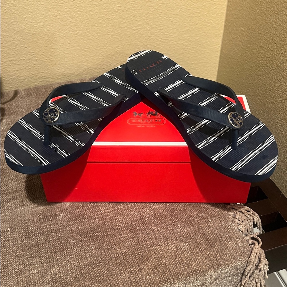 Coach Dark Blue and White Flip Flops